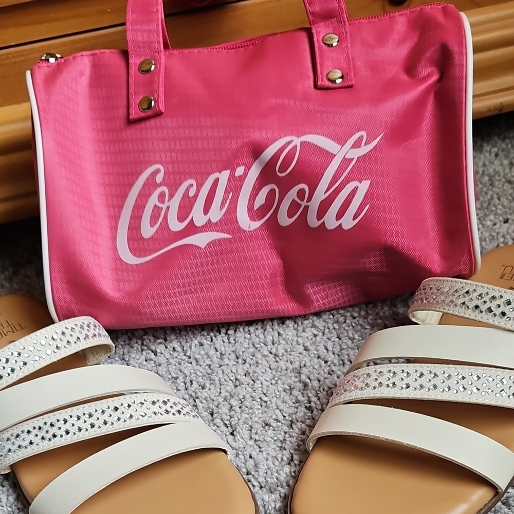 Coca Cola Pink Cosmetic Bag With a pair of Glass Gem Design Strappy Sandals. - Picture 4 of 8